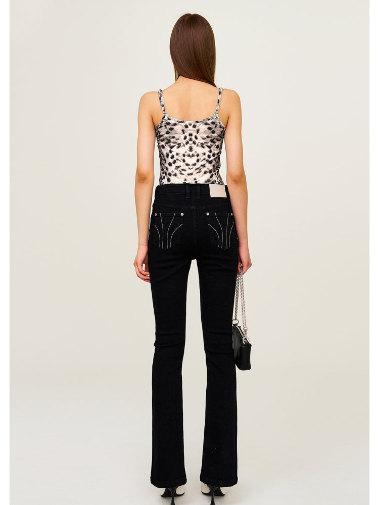 Rivet Biker Zipper Elastic Split Flare Jeans