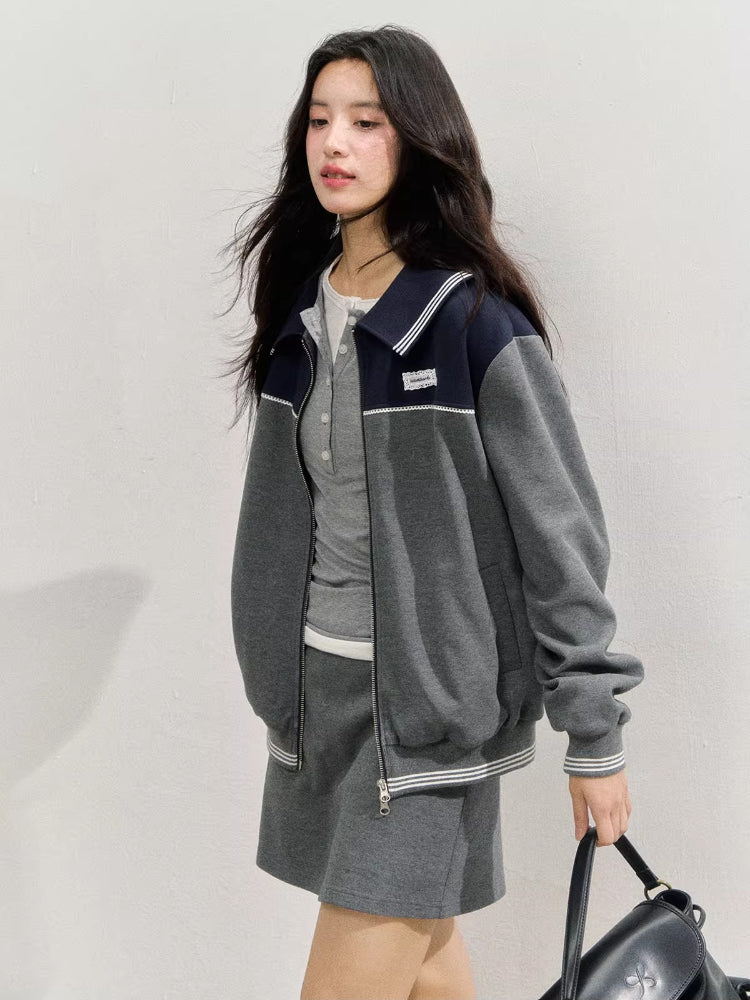 Sporty Miu-Style Color-Block Preppy Jacket & Skirt Set