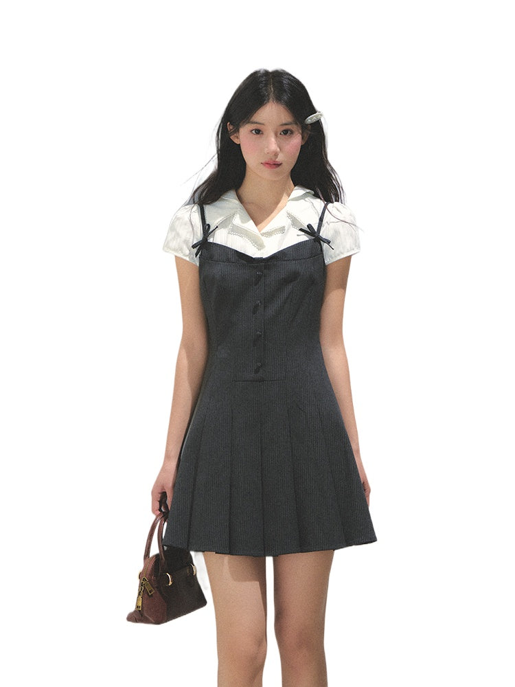 Academy Style Fake Two-piece Pleated Dress - CHINASQUAD