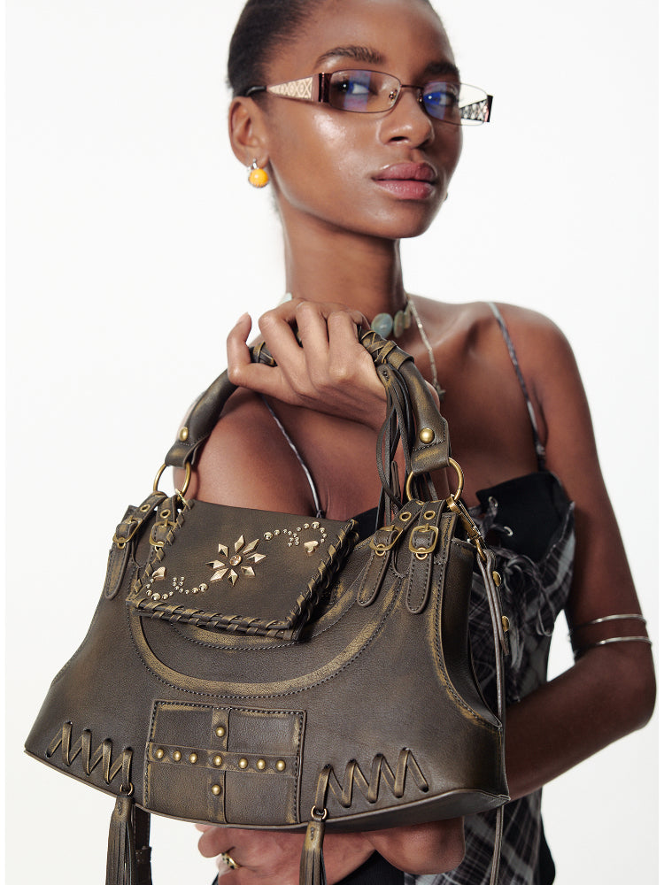 Tassel Metal Rivet Shoulder Underarm Bag - CHINASQUAD