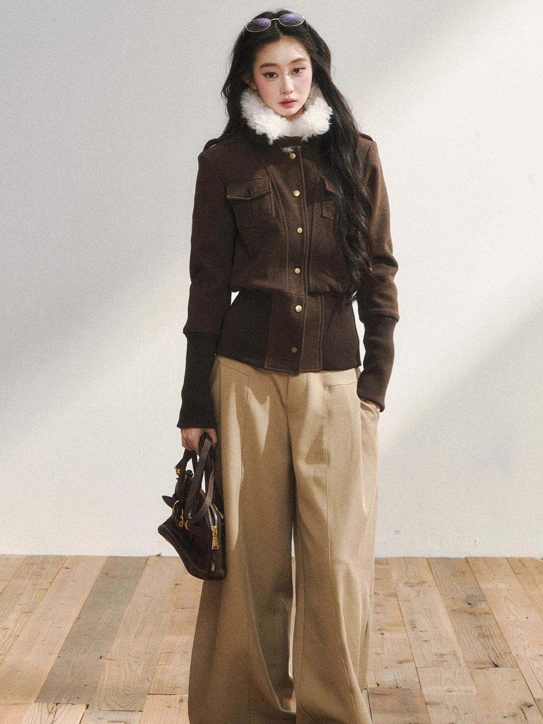 Vintage-Inspired Brown Fleece Lining Wool-Blend Jacket