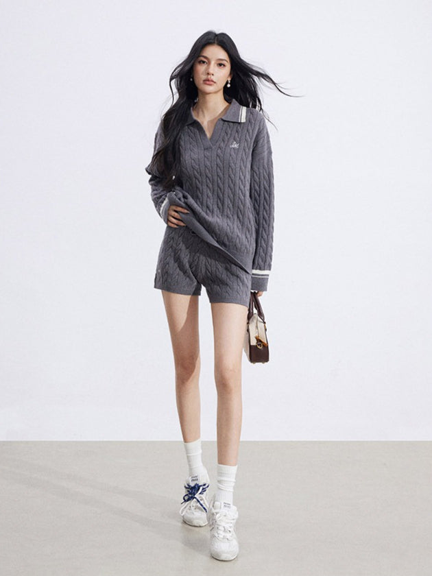 Color-Block Knit Top and Shorts Two-Piece Set