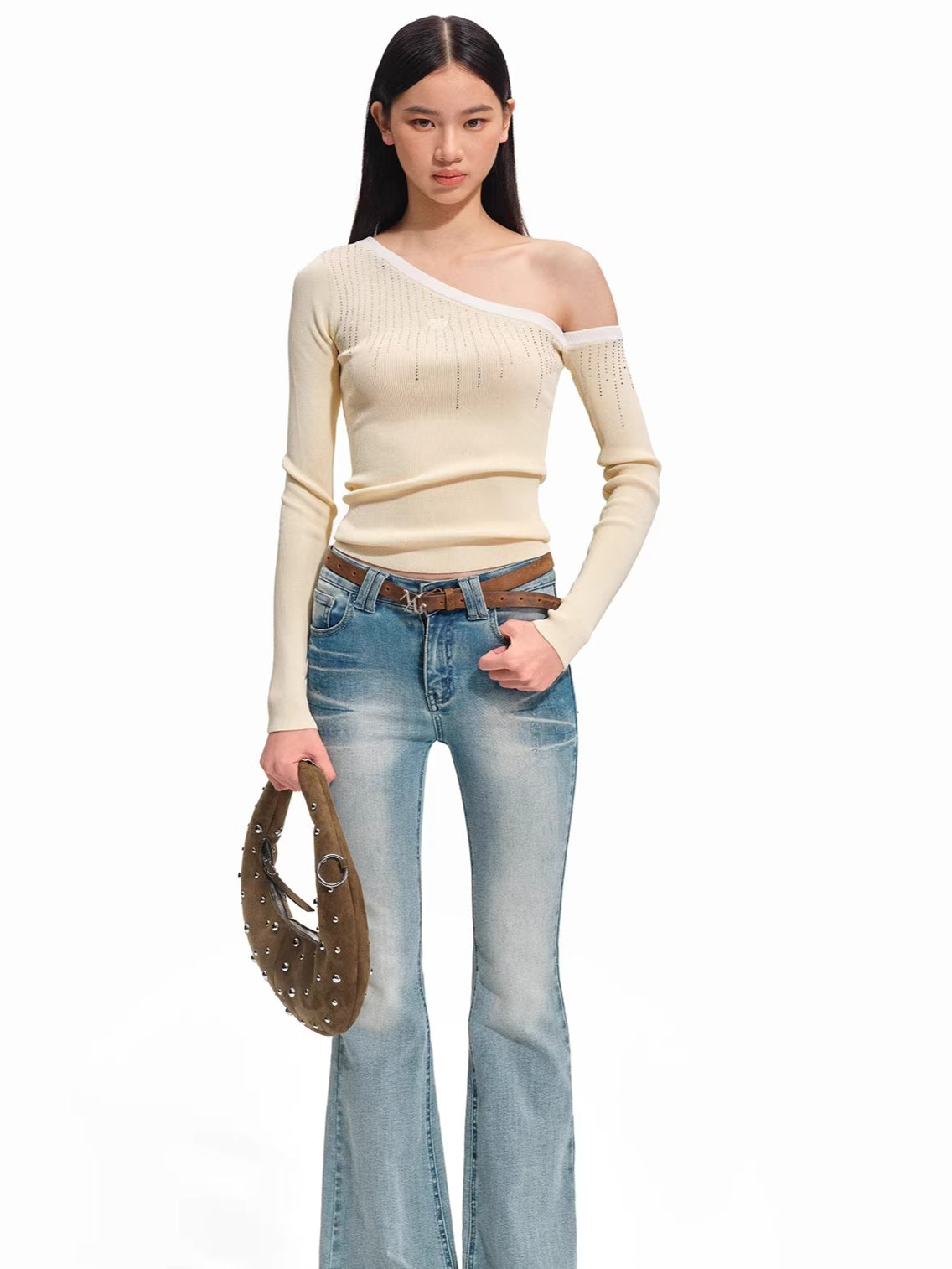Asymmetric Off-Shoulder Sculpt Knit Crewneck