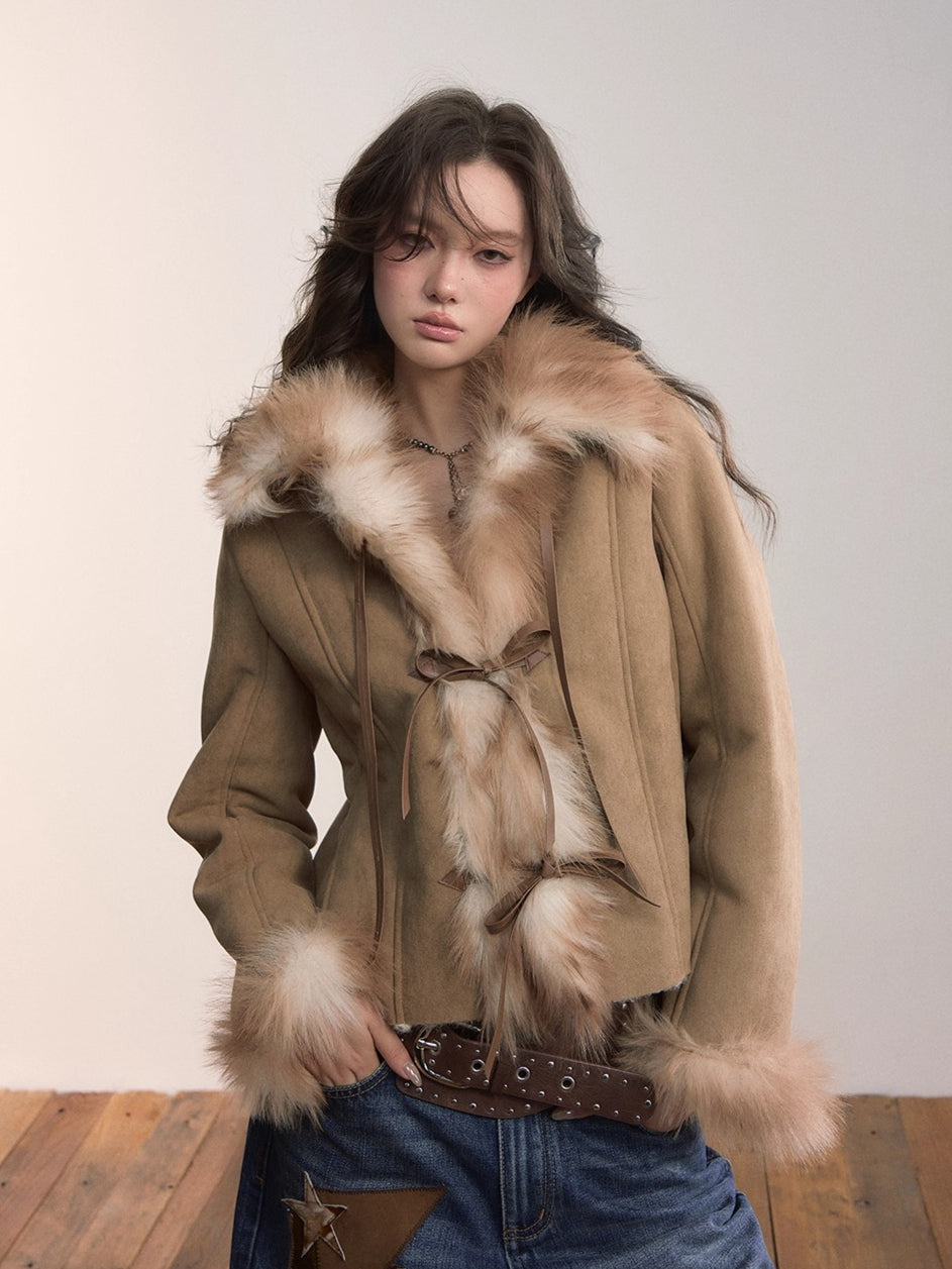 Faux Shearling Bow-Tie Collar Jacket