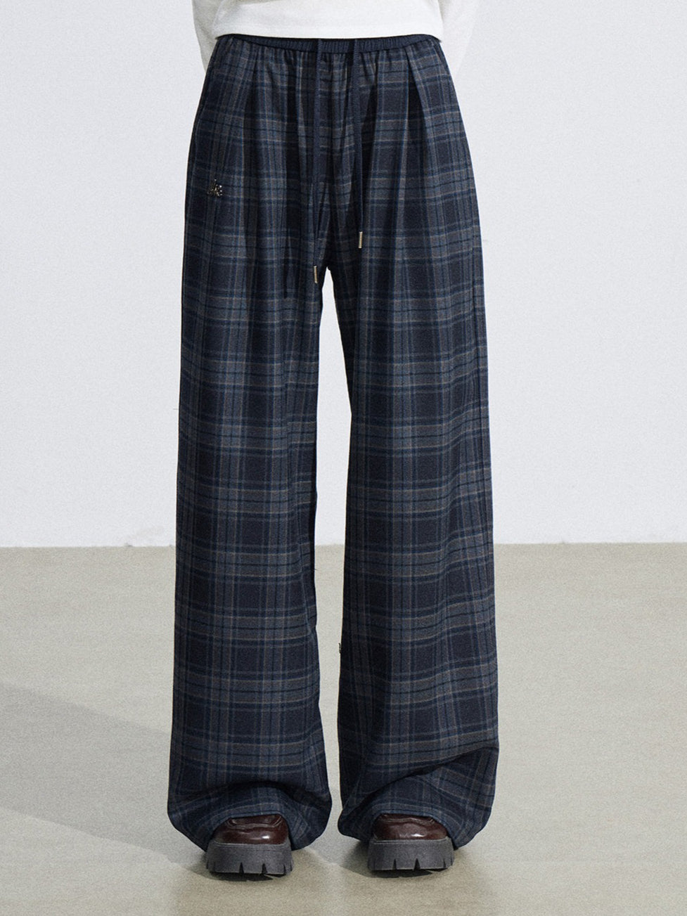 Elastic Waist Plaid Panel Wide-Leg Trousers
