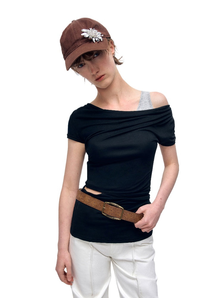 Slanted Shoulder Strap Short-Sleeve T-shirt - CHINASQUAD