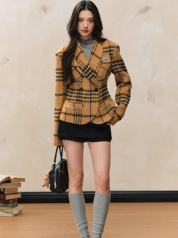 Yellow Plaid Fitted Shoulder-Pad Jacket - CHINASQUAD