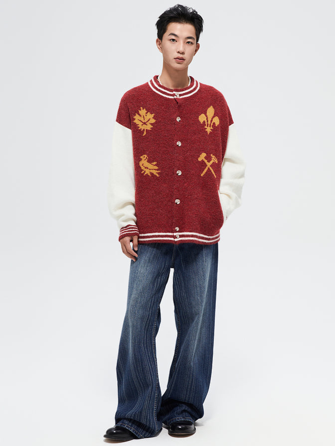 Vintage Crest Jacquard Knit Cardigan - CHINASQUAD