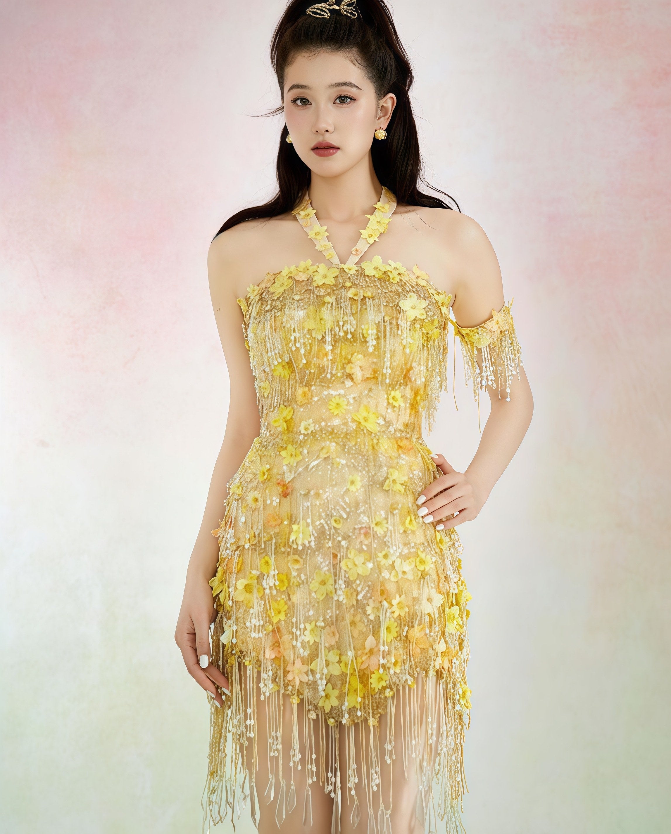 Golden Fringe Embellished Halter Mini Dress