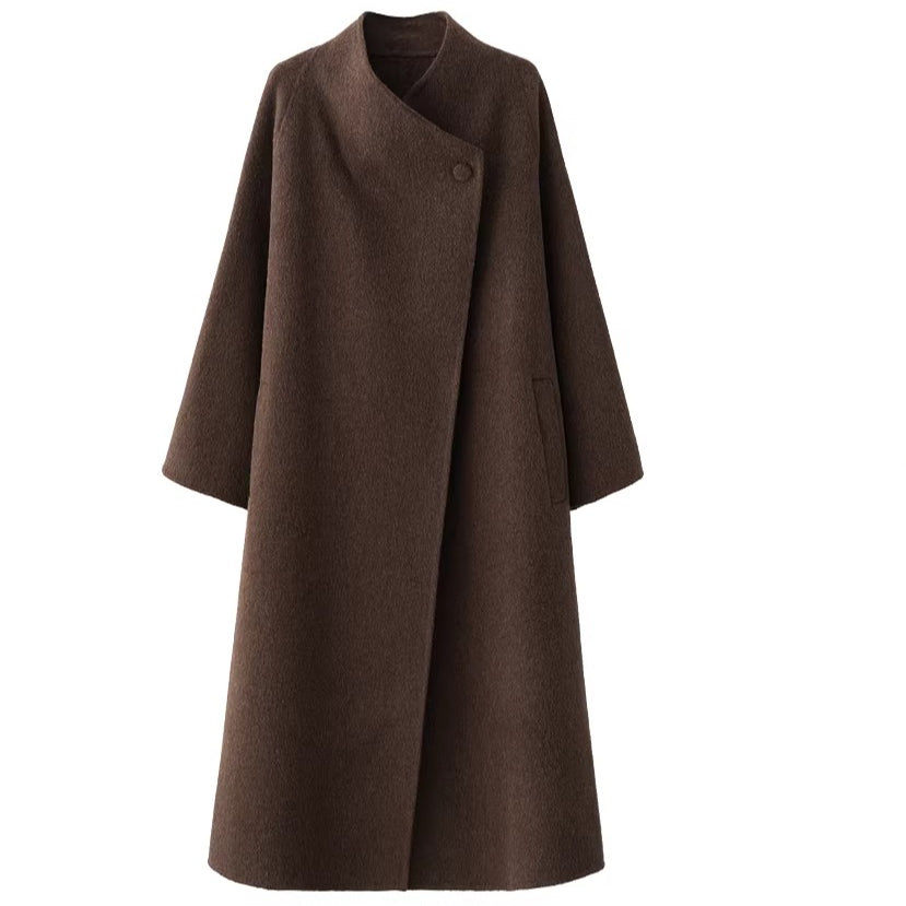 Asymmetric Button Long Wool Coat