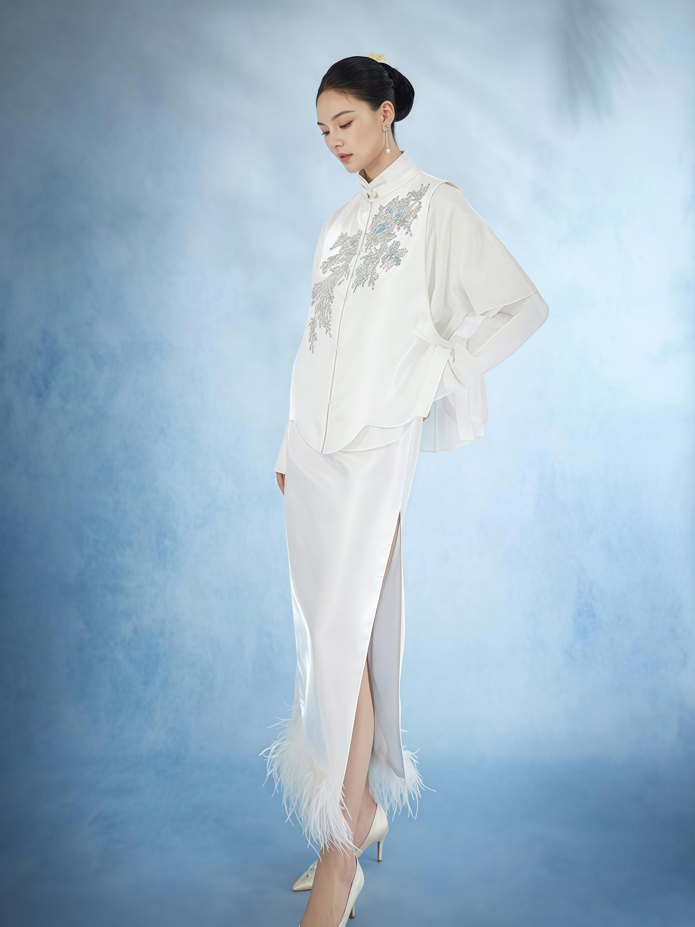 Ivory Embroidered Mandarin Collar Feather Hem Set