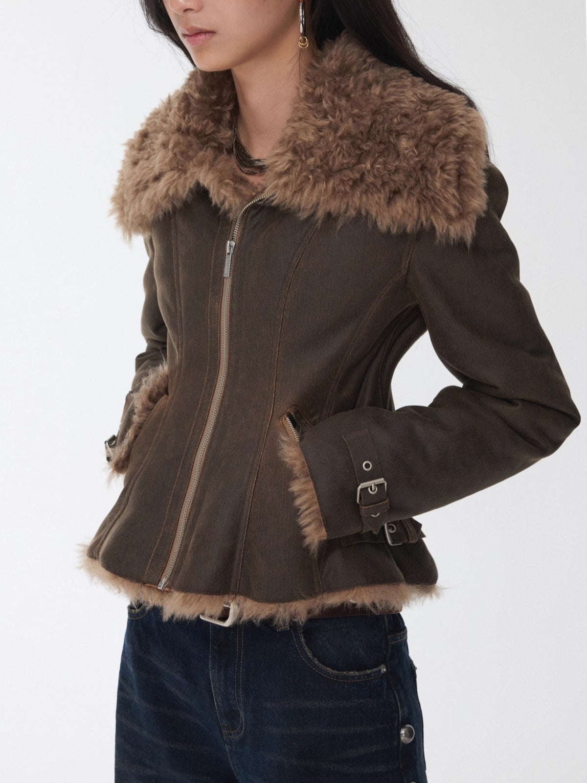 Faux Shearling-Lined Washed Leather Slim Jacket