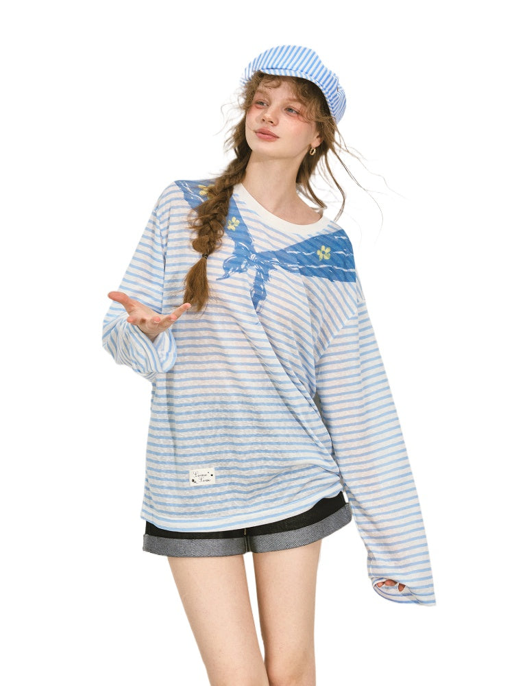 Navy Collar Printed Striped Long-Sleeve T-Shirt - CHINASQUAD