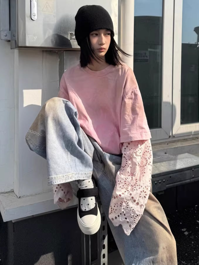 Lace-Panel Spray-Dyed Cotton T-Shirt