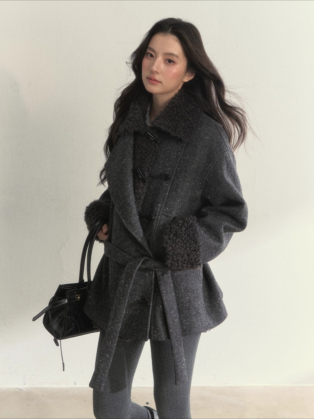 Deep Grey & Brown Wool Blend Fleece-Collar Coat