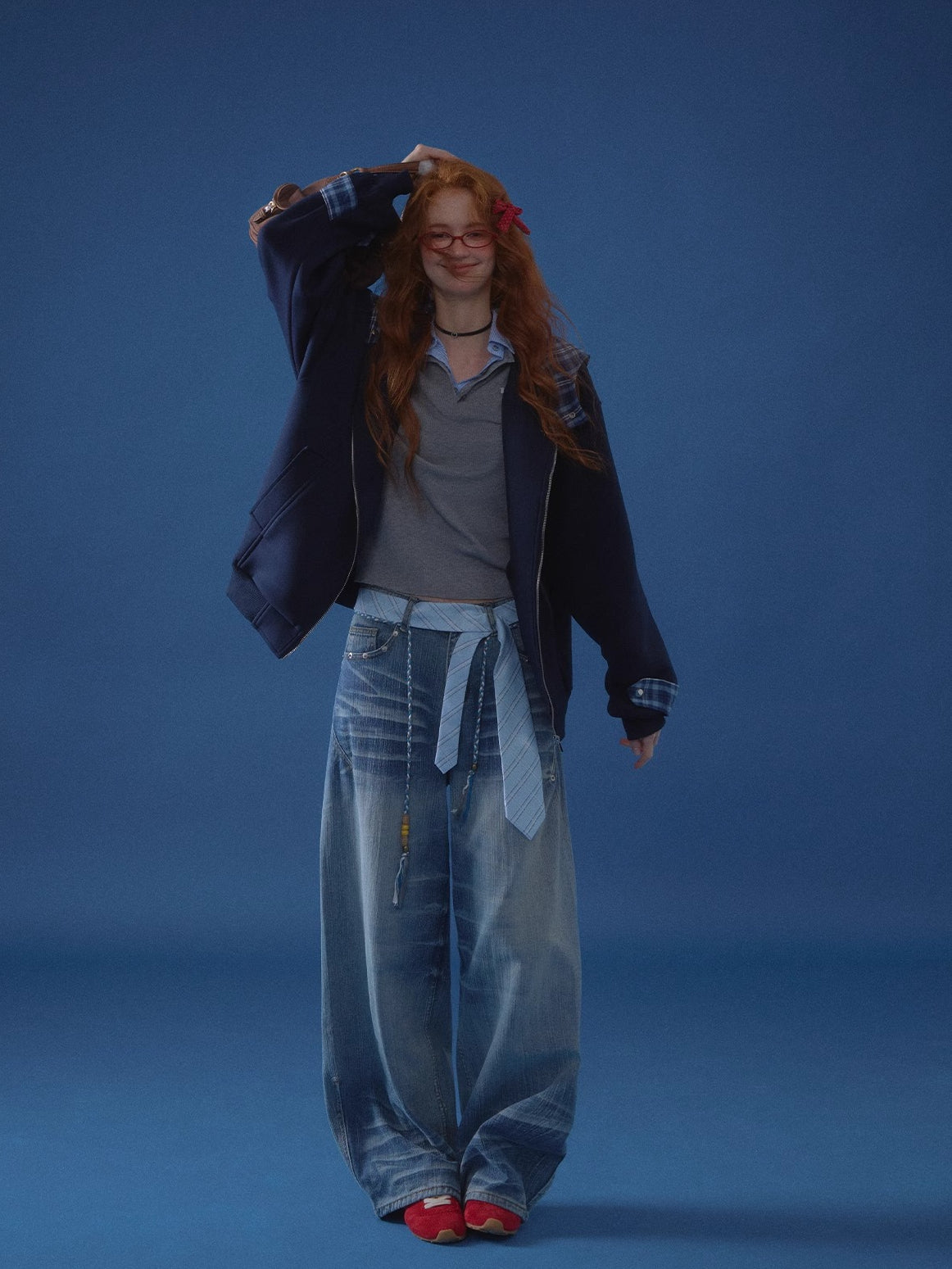 Beaded Tie-Waist Washed Denim Pants - CHINASQUAD