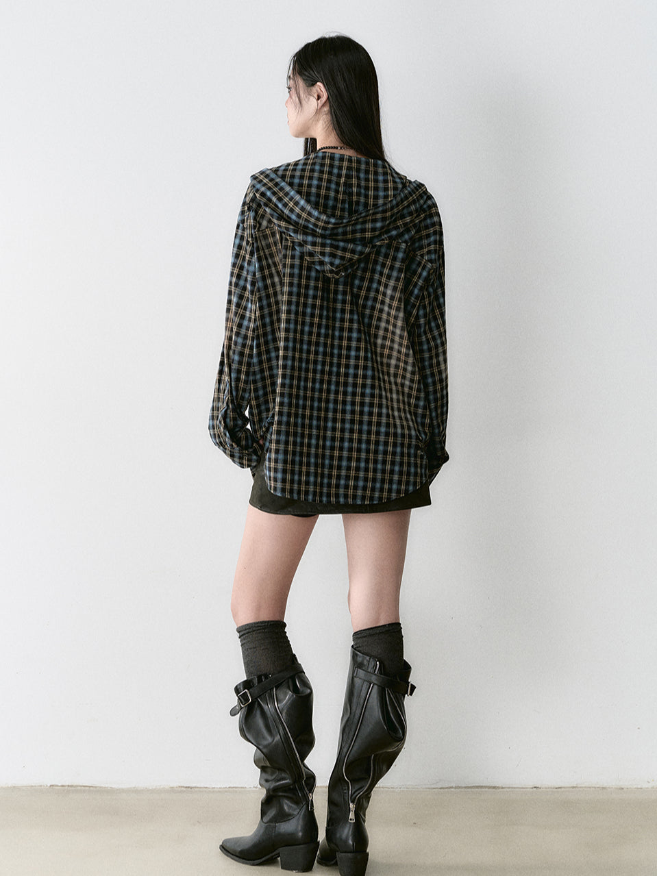 Washed Vintage Plaid Hooded Shirt - CHINASQUAD