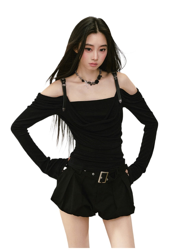 Draped Neck Leather Strap Acetate One-shoulder T-shirt - CHINASQUAD