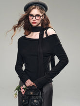 (Final Sale) White & Black Off-Shoulder Lace Knit Crewneck - CHINASQUAD