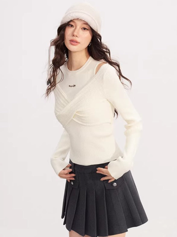 Bow Cable-Knit Vest Long-Sleeve Two-Piece Set