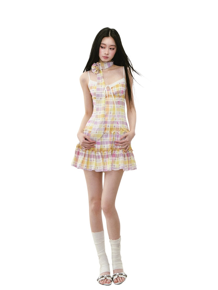 Fake Two-piece Plaid Spliced Cami Dress - CHINASQUAD