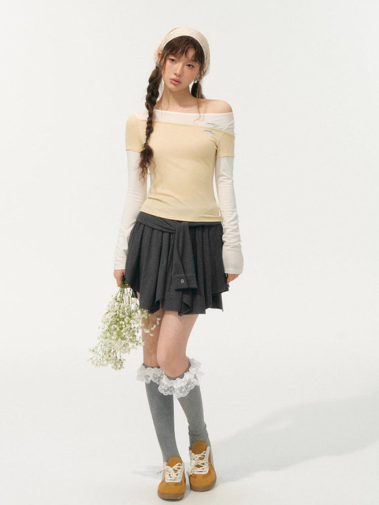 Irregular Fake Two-Piece Color-Block Knit T-shirt - CHINASQUAD