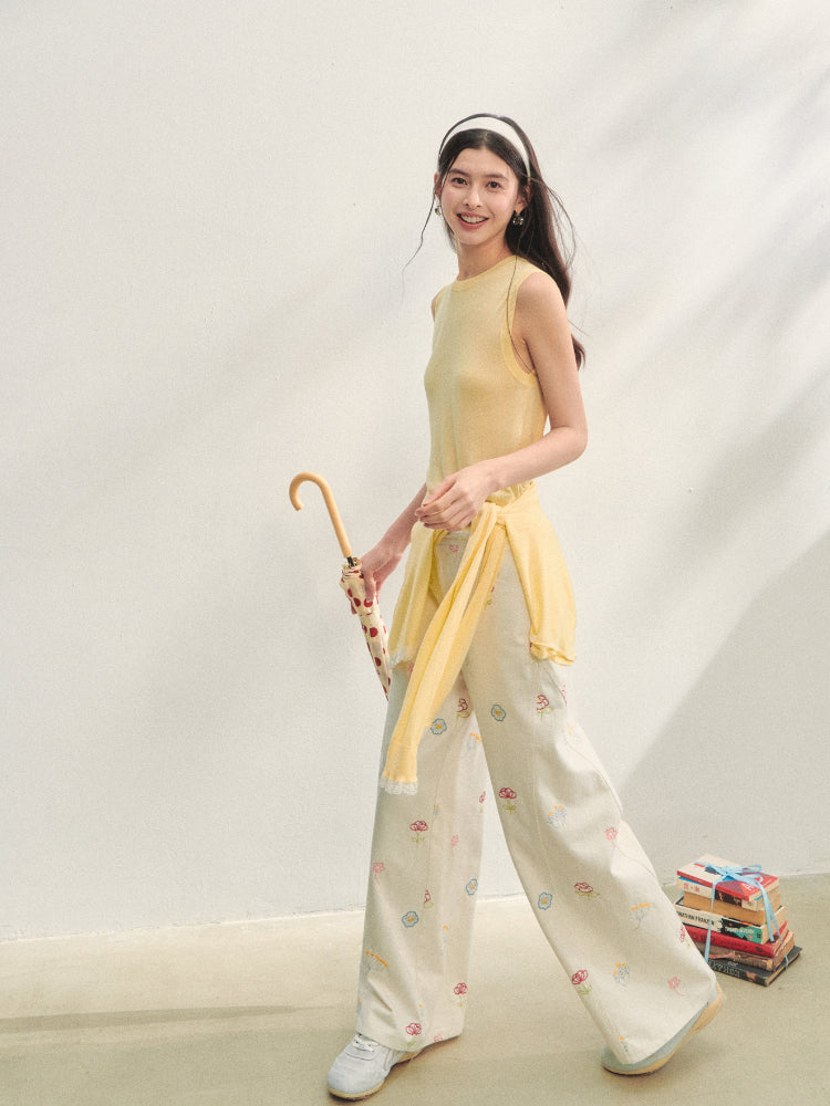 Floral Embroidered Casual Straight-leg Pants - CHINASQUAD