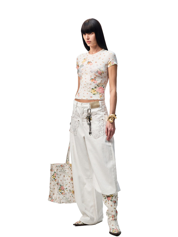 Floral Print Rhinestones Regular-shoulder T-shirt - CHINASQUAD