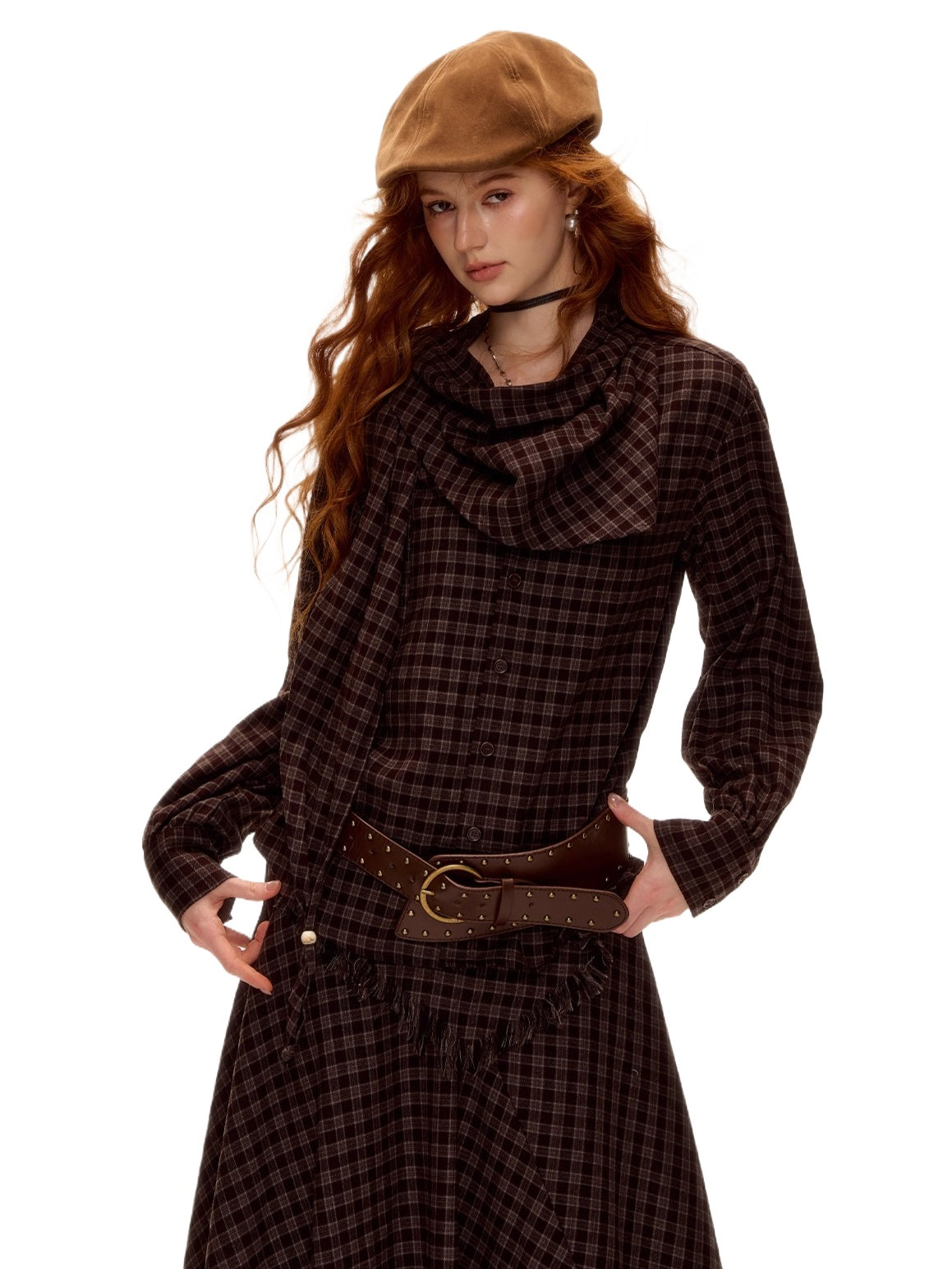 Vintage Plaid Beaded Tie-Scarf Shirt