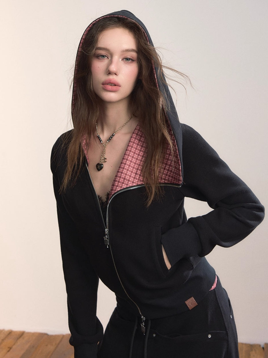 Asymmetric Contrast Collar Zip-up Hoodie - CHINASQUAD