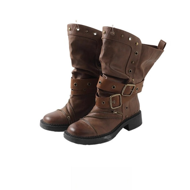 Retro Distressed Rivet Zipper Mid-Calf Boots
