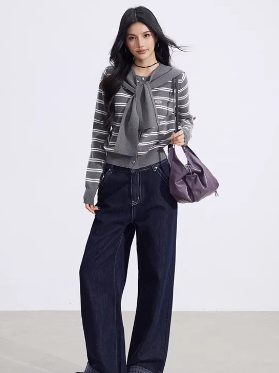 Striped Knit Cardigan & Shawl Two-Piece Set