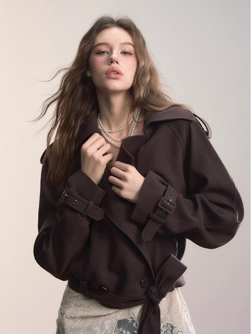 Lapel Collar Belted Cropped Trench Jacket - CHINASQUAD