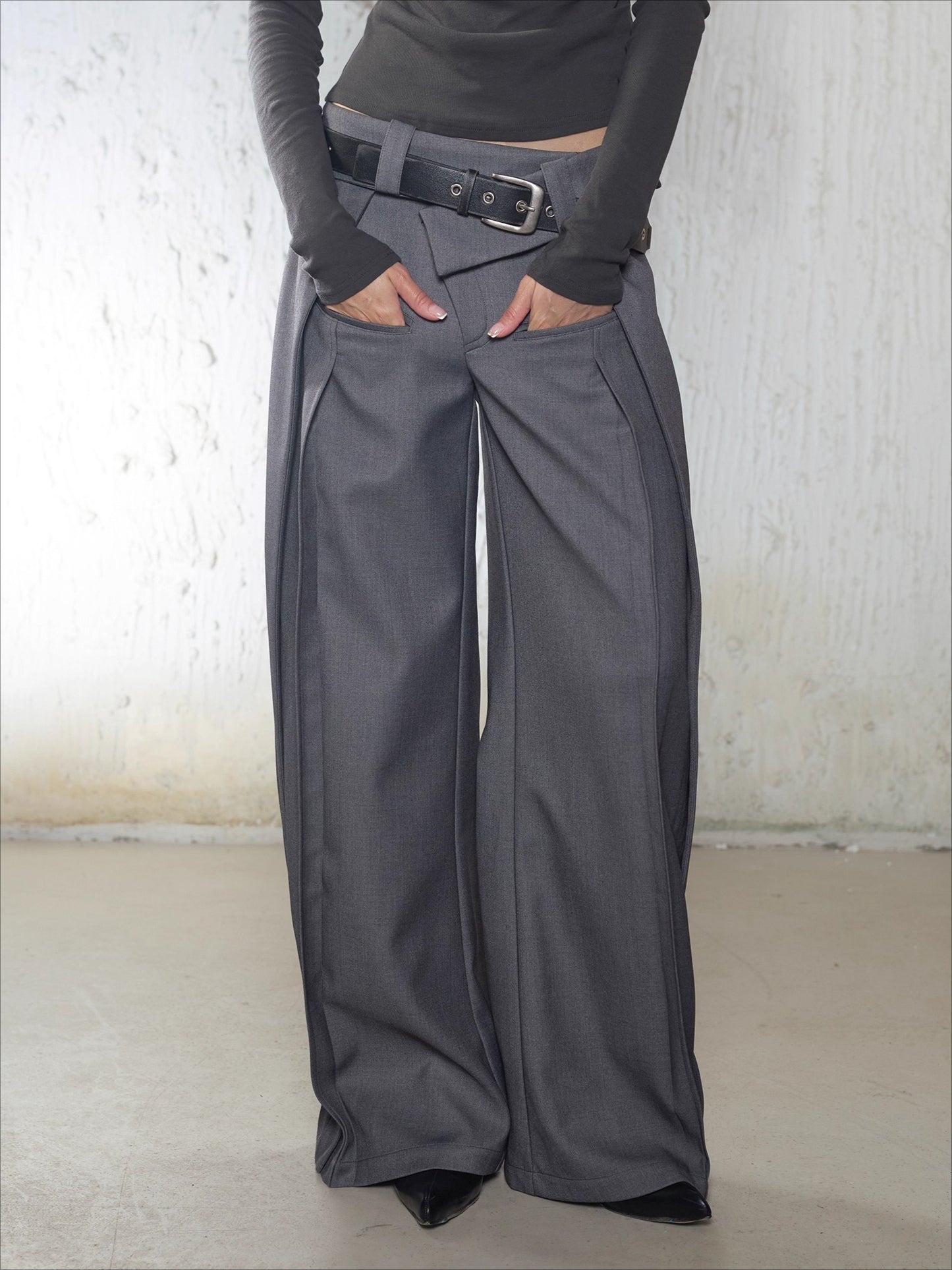 Irregular Folded-Waist Wide-Leg Trousers