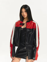 (Final Sale) Embroidered Zip Short Contrast-Color Moto Jacket - CHINASQUAD