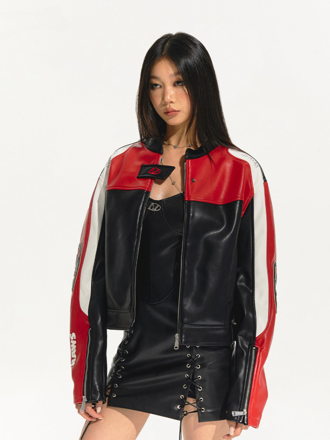 (Final Sale) Embroidered Zip Short Contrast-Color Moto Jacket - CHINASQUAD