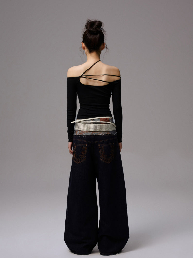 Double Waistband Raw Denim Wide-Leg Jeans - CHINASQUAD