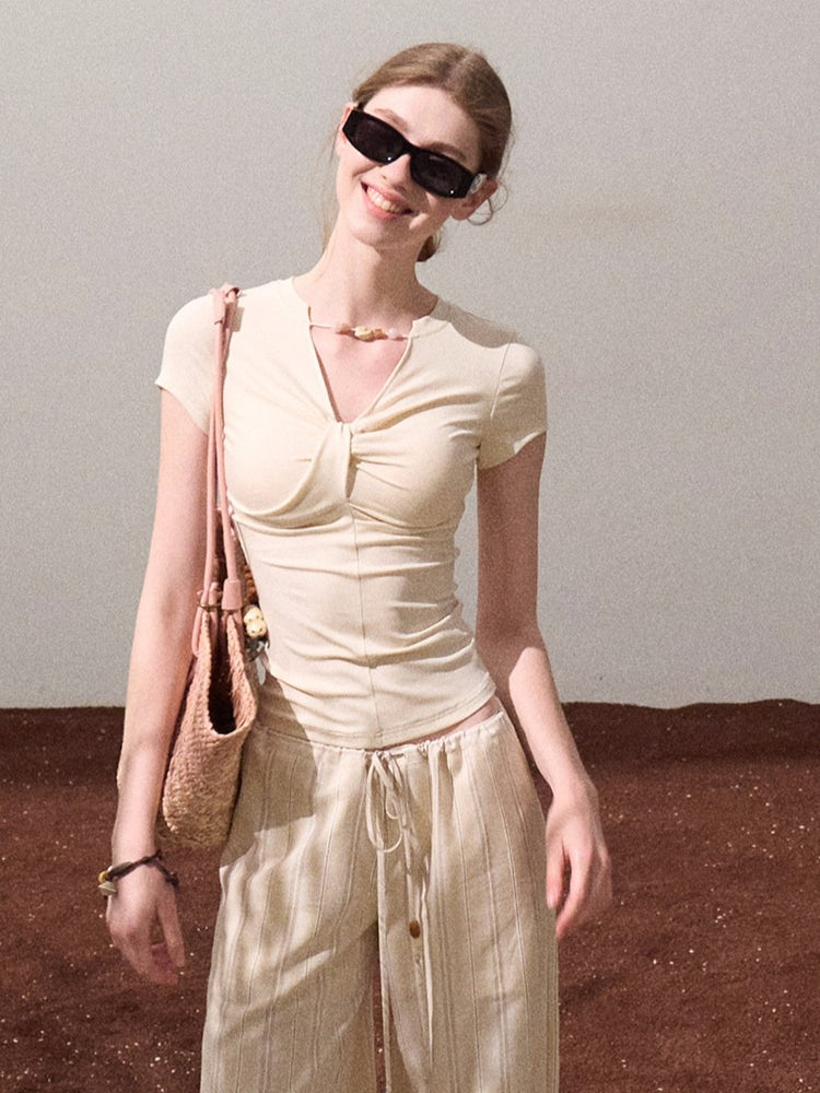 Gentle Melt Lyocell Beaded V-Neck T-Shirt