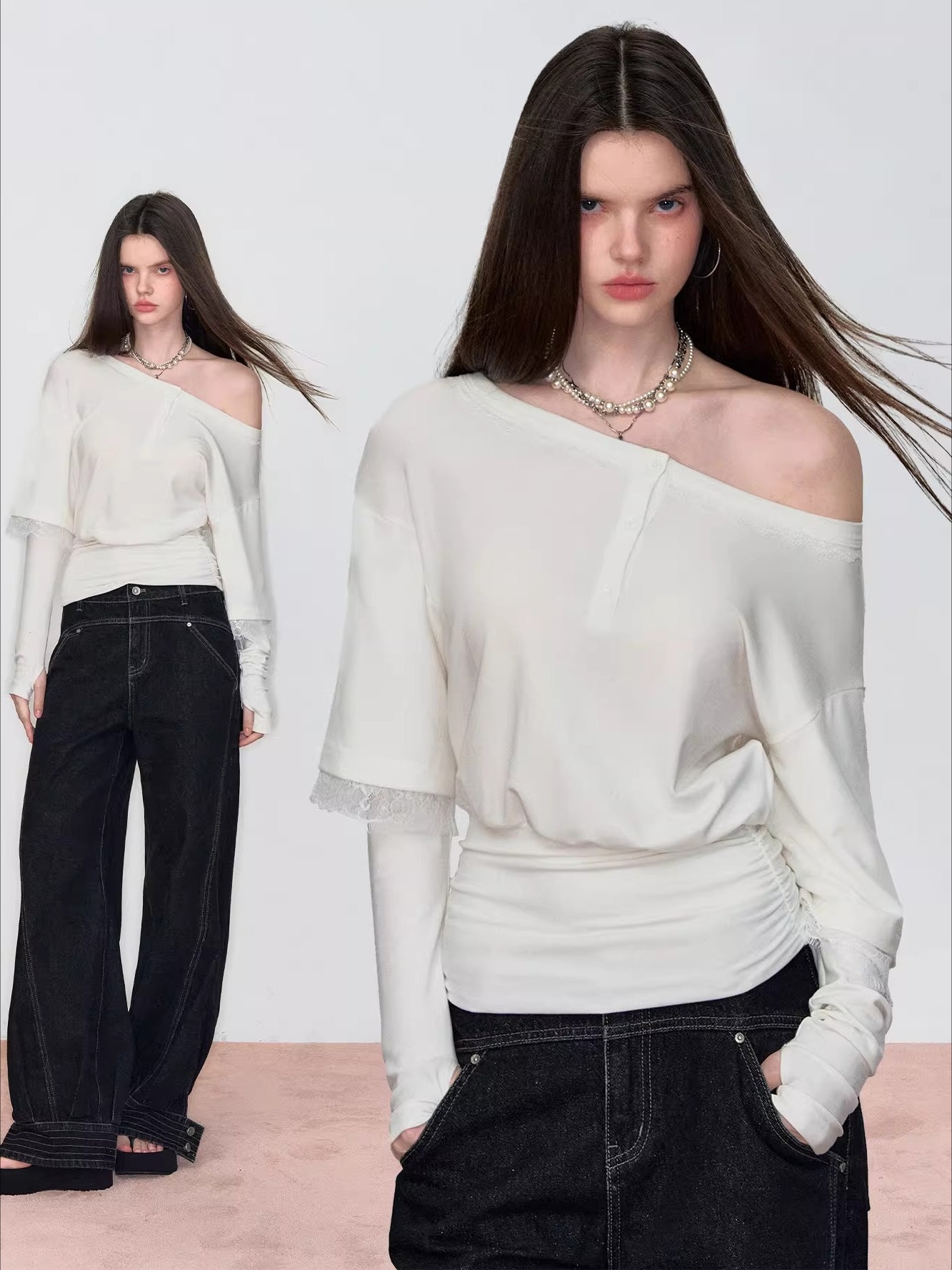 Asymmetric Lace-Panel Faux Layered T-Shirt