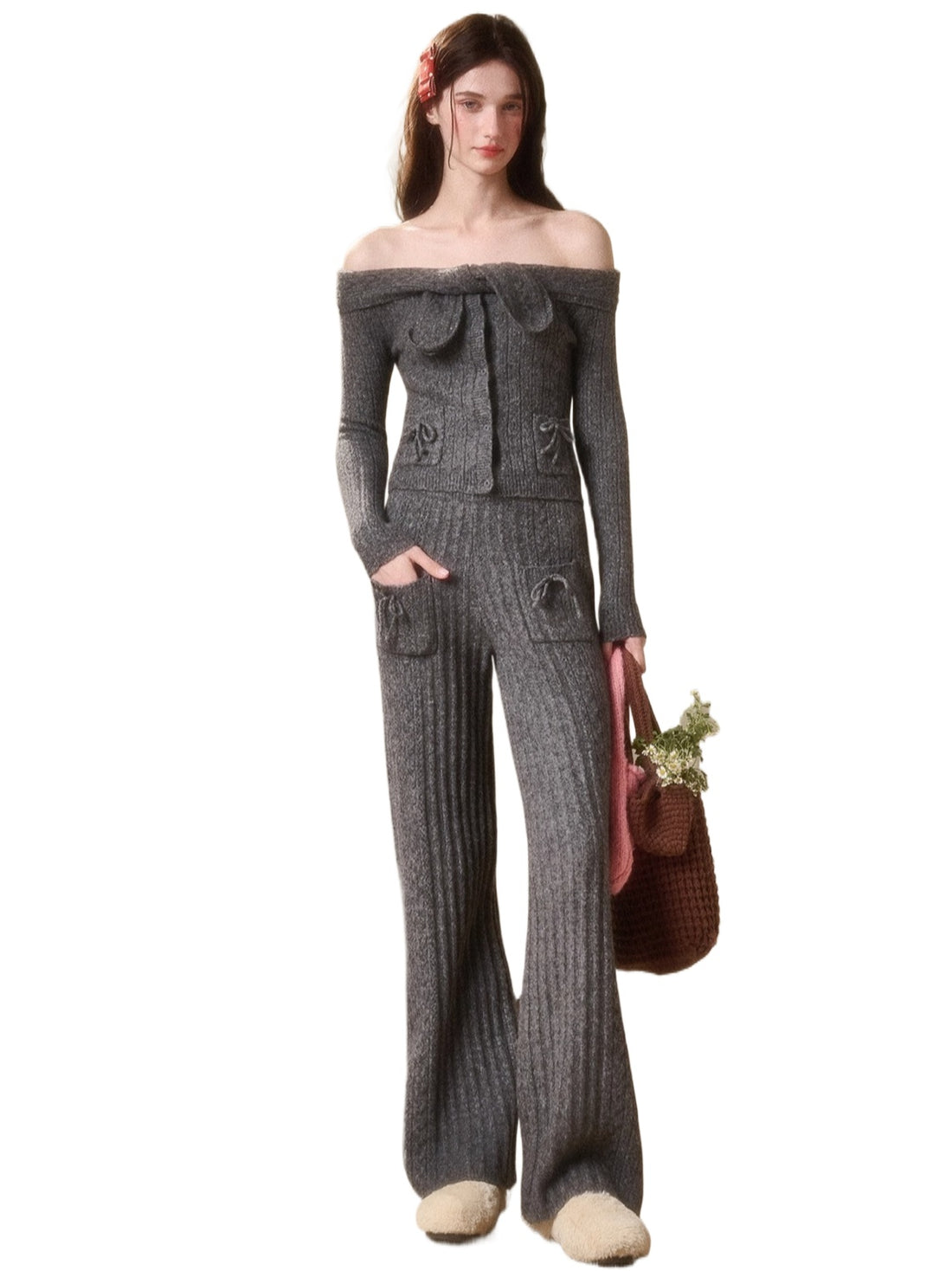 Velvet Bunny Wool Cloud Off-Shoulder Knit Cardigan & Wide-Leg Pants Set