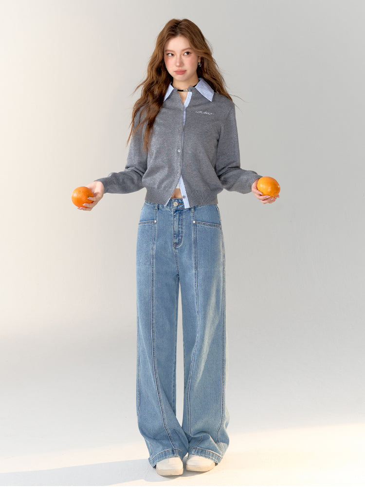 Stripe Patchwork Dark Grey Knitted Cardigan - CHINASQUAD