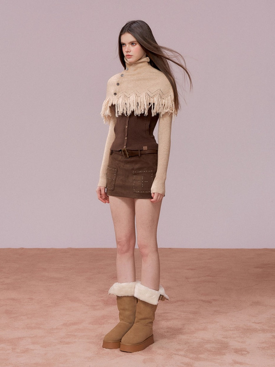 High-Neck Knit Top Fringe Cape Set
