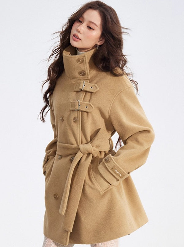 Double-Breasted Wool Blend Stand-Collar Coat