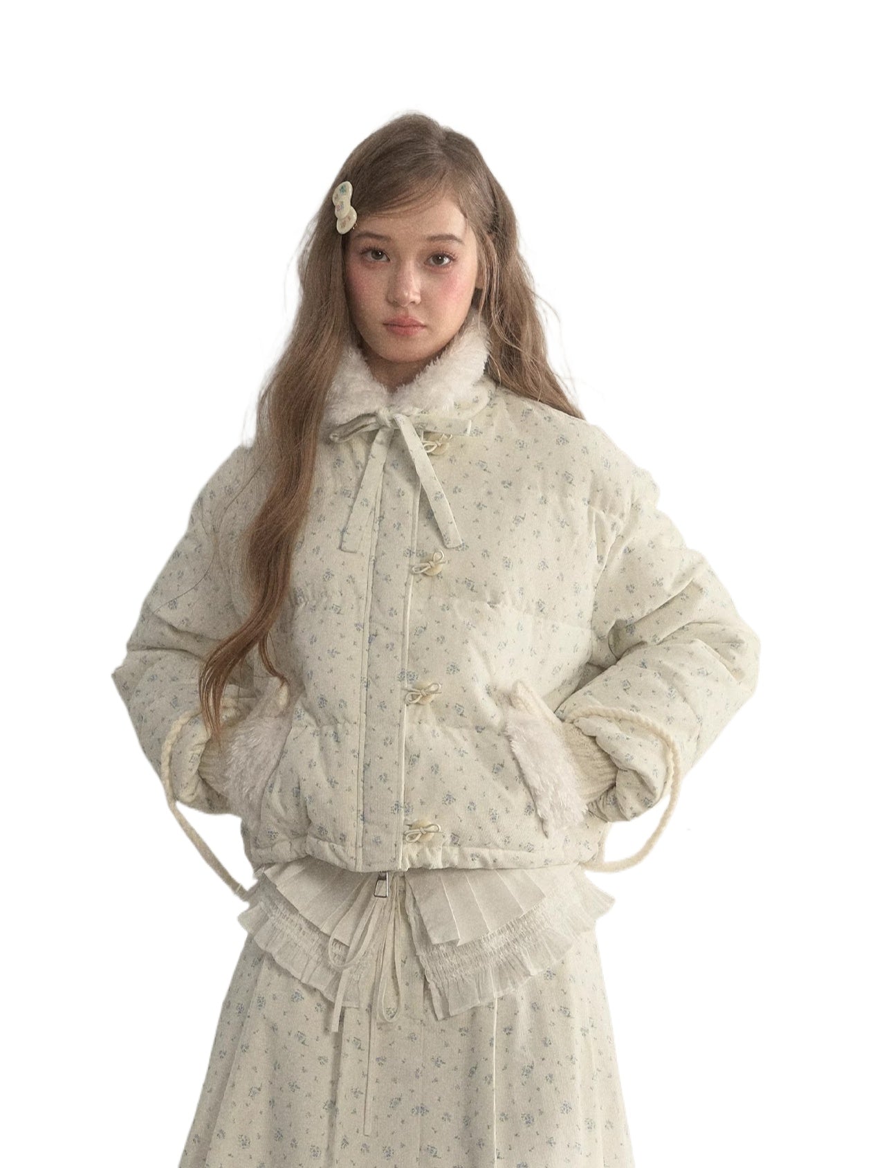 Floral Corduroy Puffer Jacket & Pleated Skirt Set