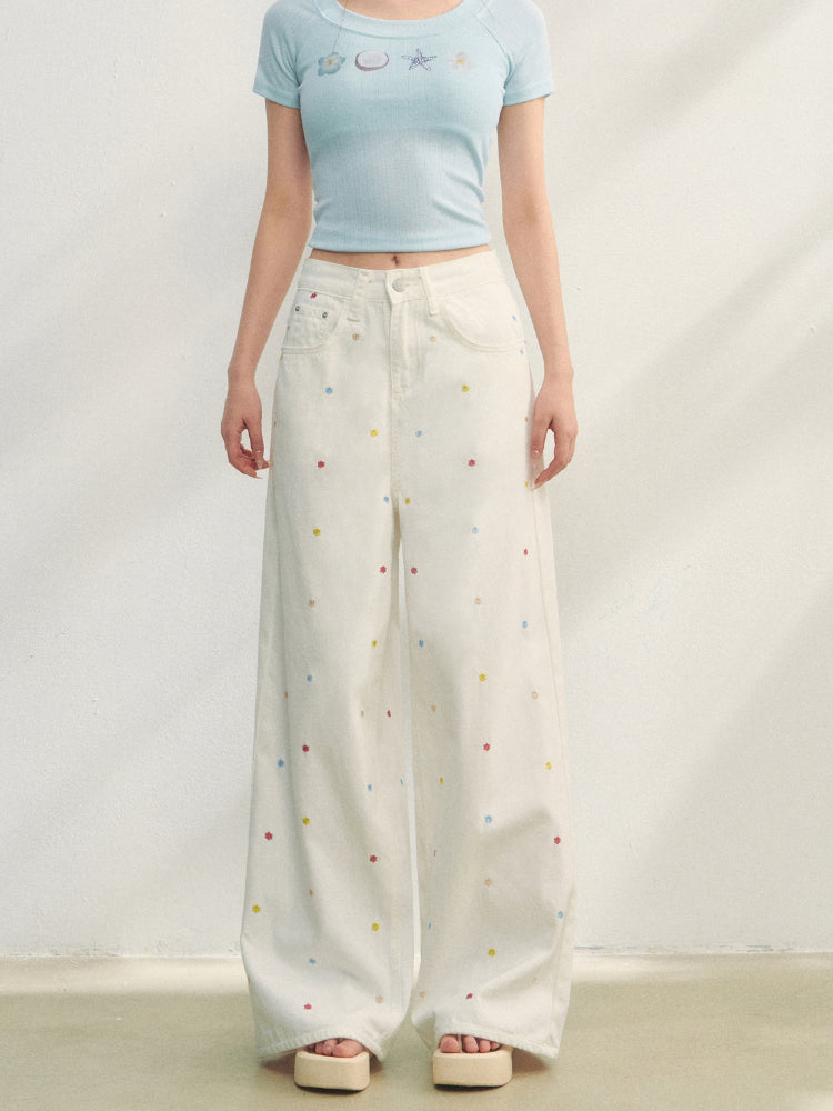 Colorful Floral Embroidered Straight-Leg Jeans - CHINASQUAD