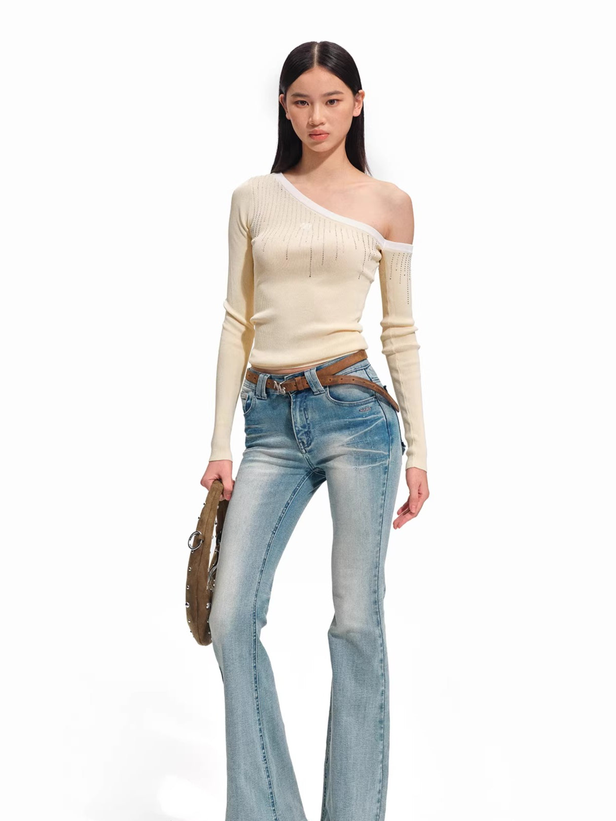 Asymmetric Off-Shoulder Sculpt Knit Crewneck
