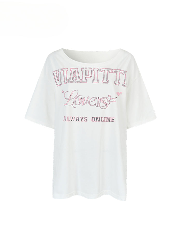 Off-shoulder Letter Hollow-out Spliced T-shirt - CHINASQUAD