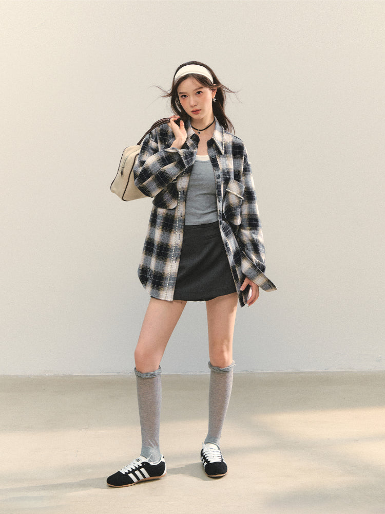 Pearl-Trimmed Polo-Neck Checkered Shirt - CHINASQUAD