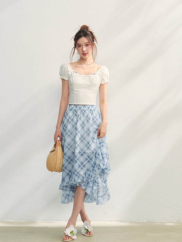White Square Neck Embroidered Puff Sleeve Shirt - CHINASQUAD