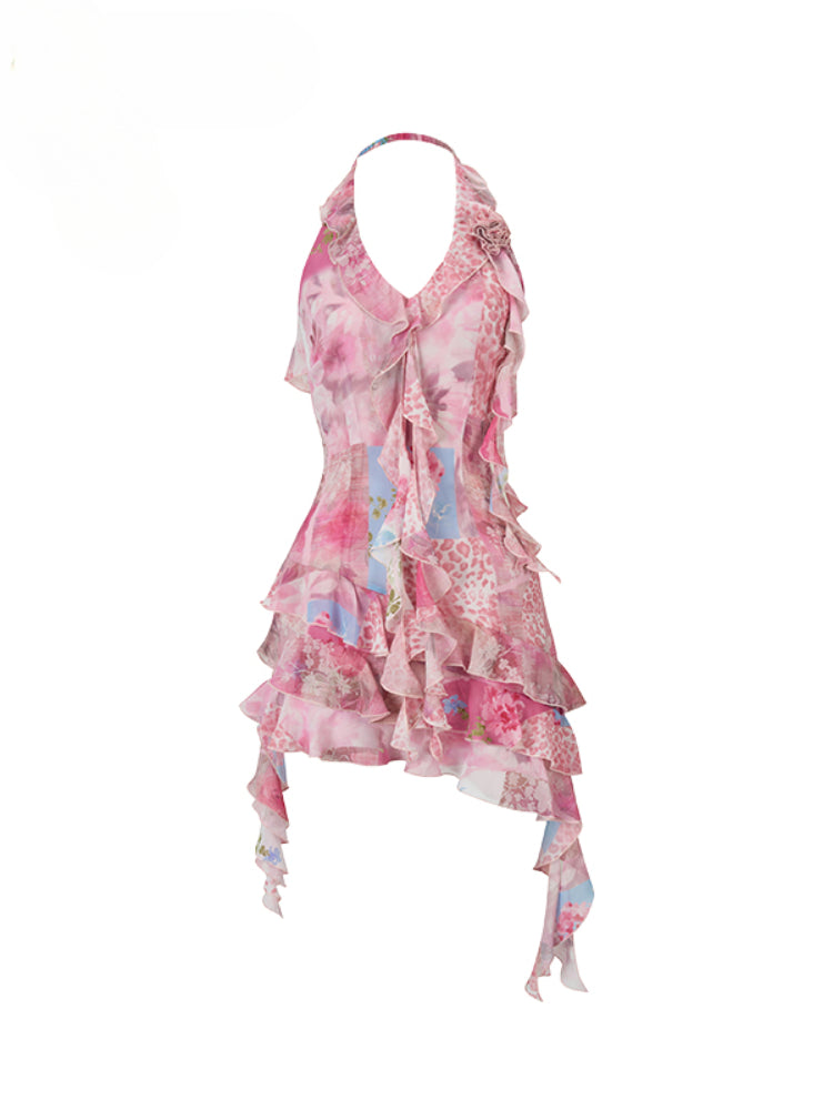 Irregular Neck Floral Waist-Defined Dress - CHINASQUAD
